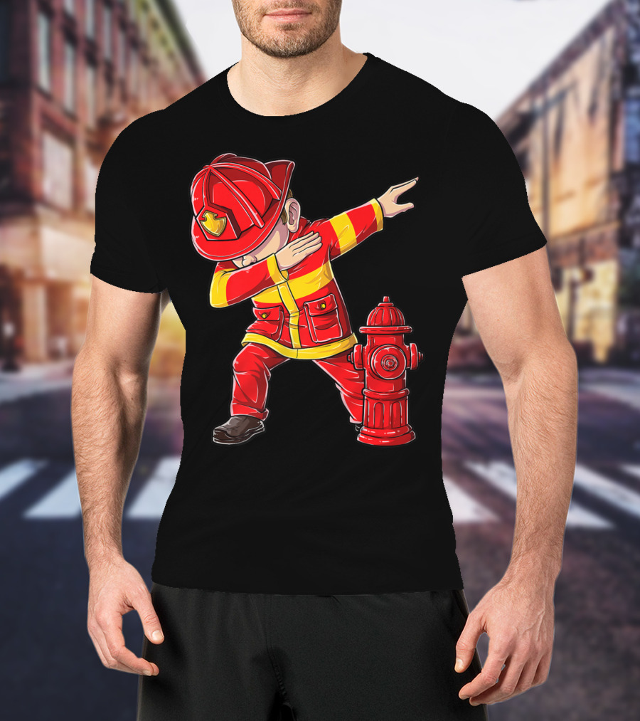 Dabbing Firefighter With Fire Hydrant Dab Dance Funny T-Shirt