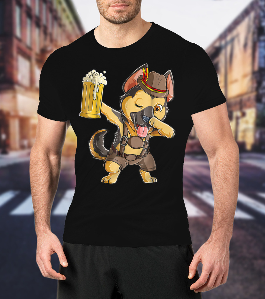 Dabbing German Shepherd Dab Men Prost Drinking Beer Oktoberfest Lederhosen T-Shirt