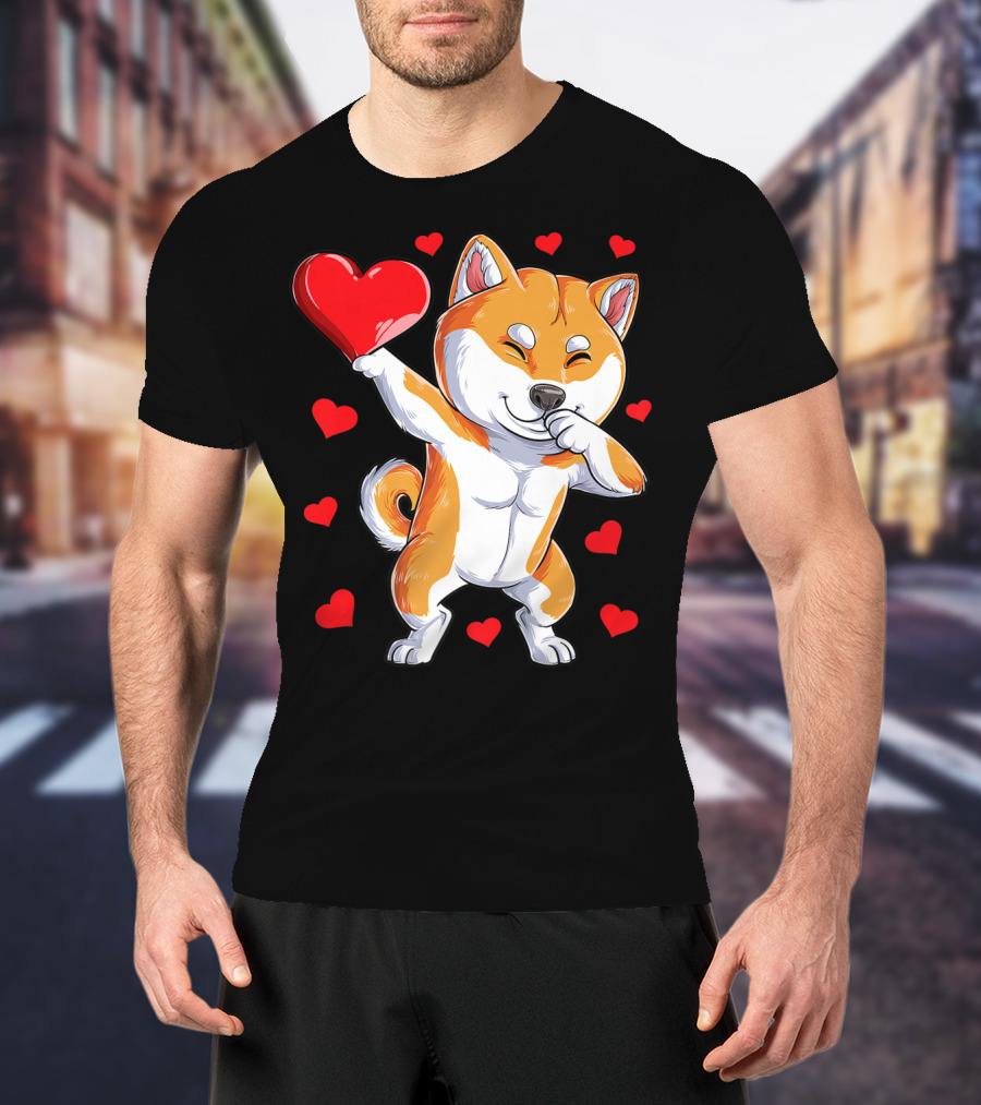 Dabbing Shiba Inu Holding Heart Valentines Day Dog Lover Boys T-Shirt