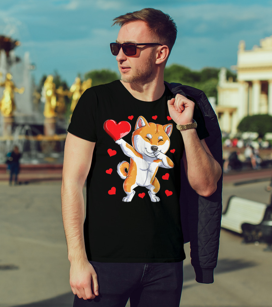 Dabbing Shiba Inu Holding Heart Valentines Day Dog Lover Boys T-Shirt