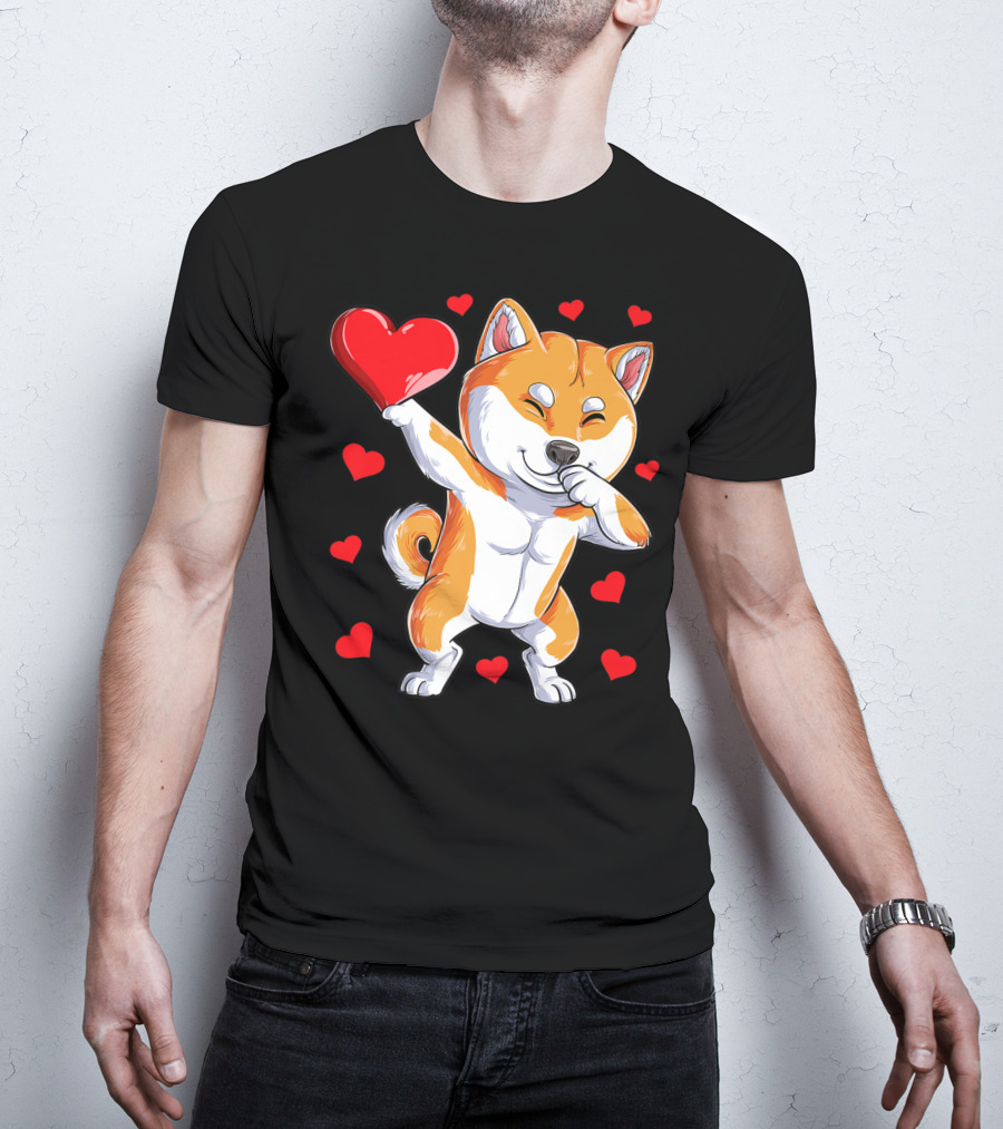 Dabbing Shiba Inu Holding Heart Valentines Day Dog Lover Boys T-Shirt