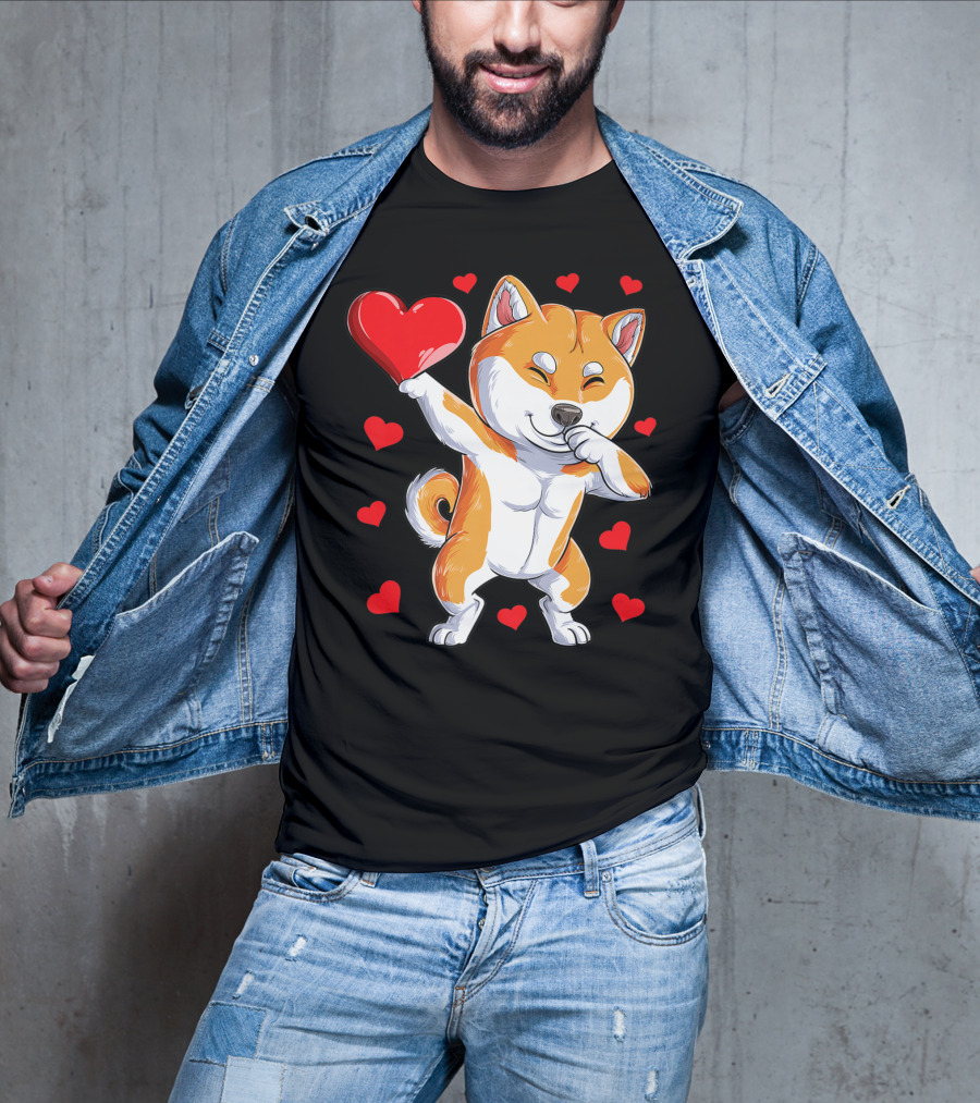Dabbing Shiba Inu Holding Heart Valentines Day Dog Lover Boys T-Shirt
