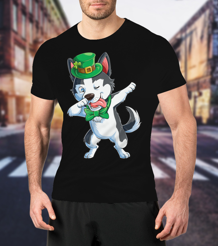 Siberian Husky Dabbing St Patricks Day Leprechaun Hat Bow Tie T-Shirt