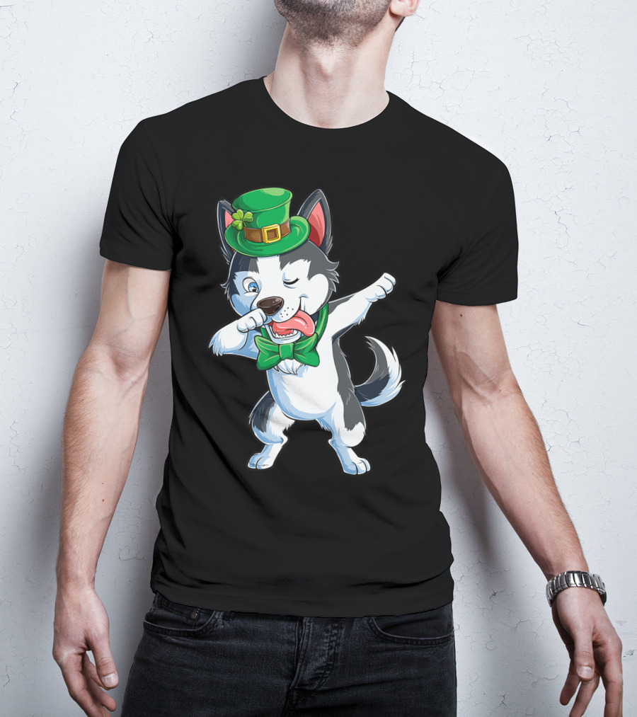 Siberian Husky Dabbing St Patricks Day Leprechaun Hat Bow Tie T-Shirt