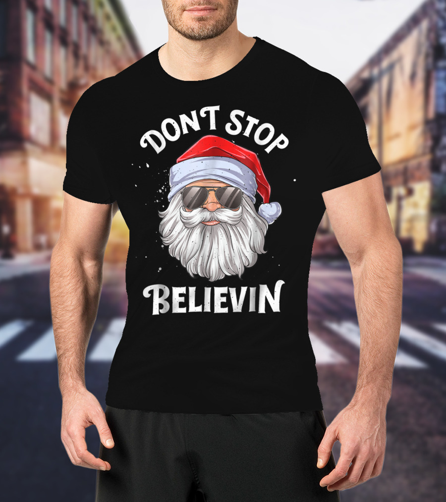 Dont Stop Believin Santa Christmas Boys Sunglasses Holiday T-Shirt