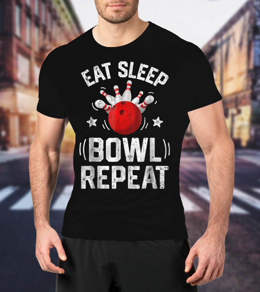 Eat Sleep Bowl Repeat Bowling Pins Stars Bowling Ball T-Shirt