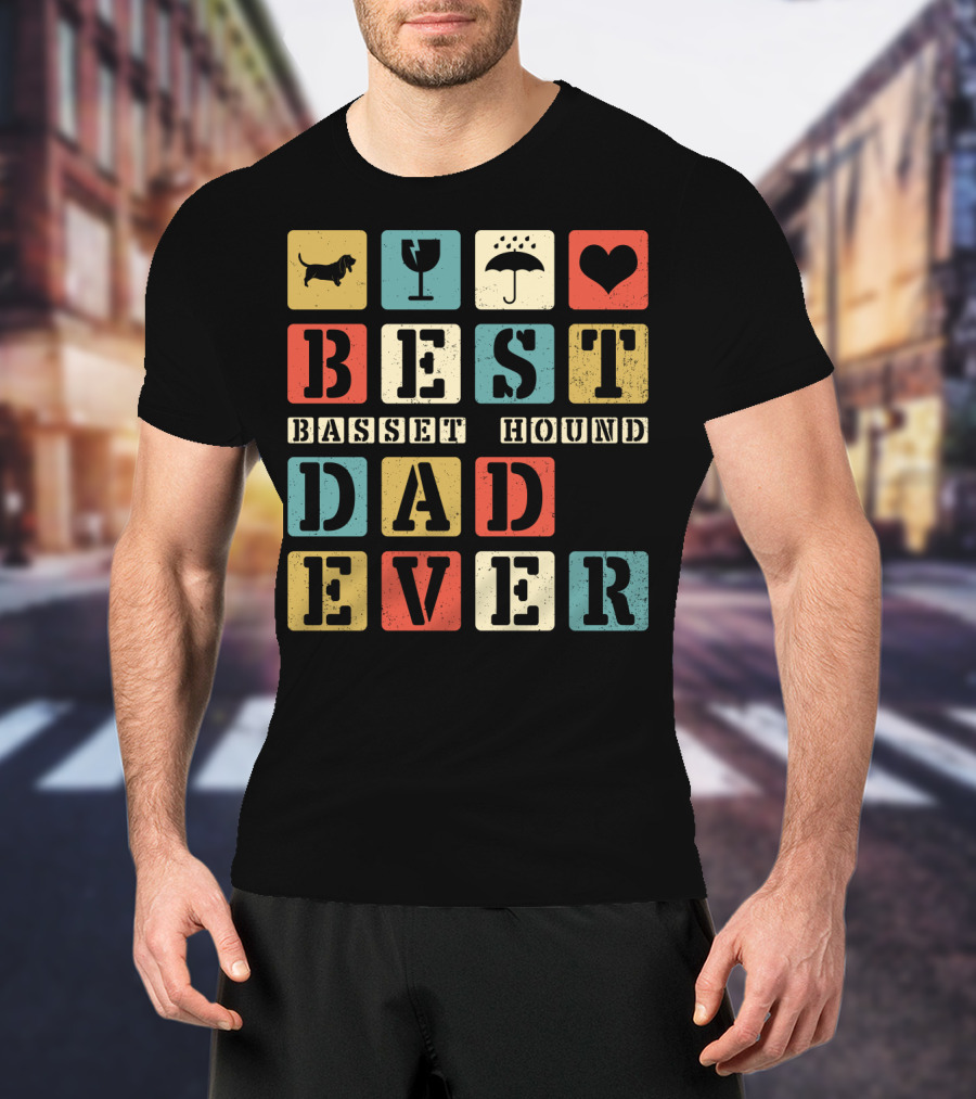 Best Basset Hound Dad Ever Vintage Style76 Retro Blocks T-Shirt