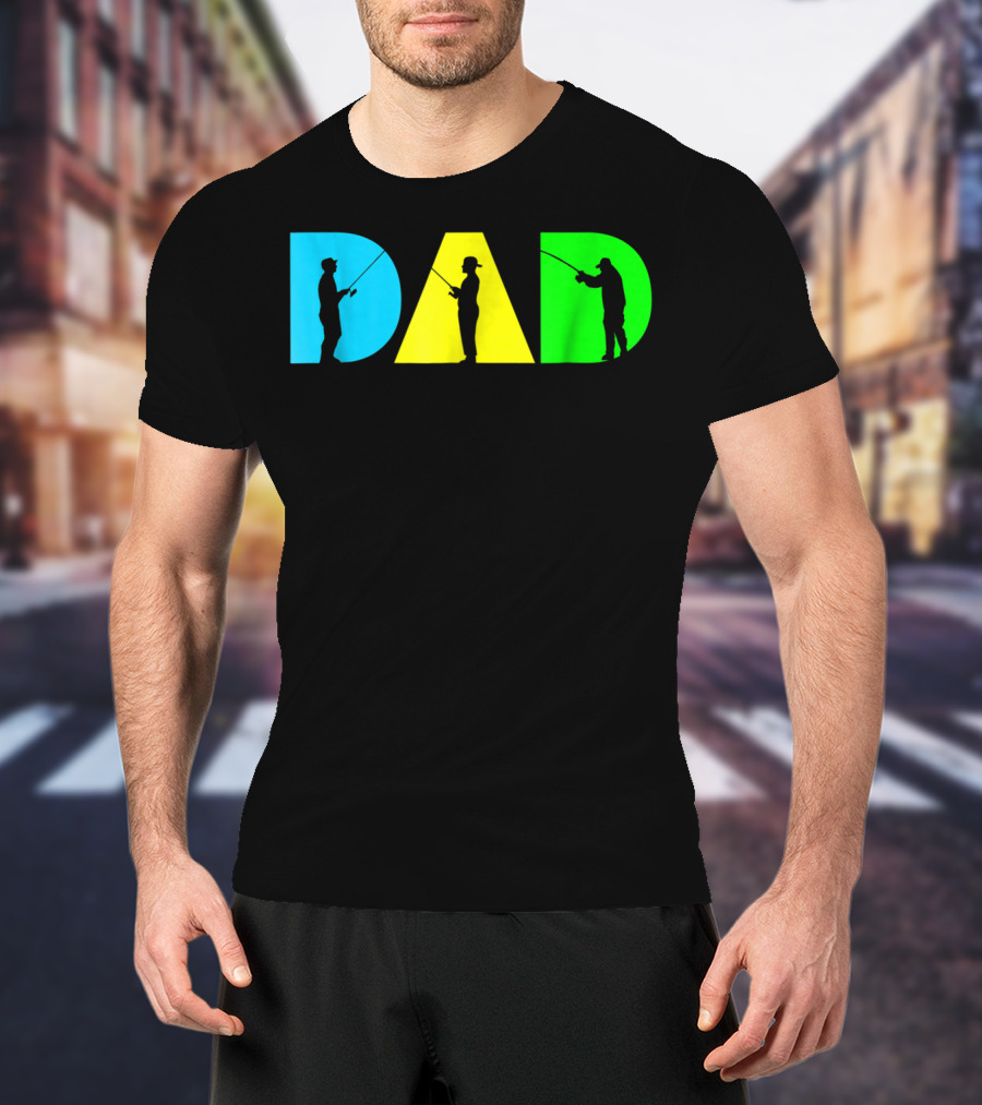 Funny Dad Fishing Silhouette Blue Yellow Green Design Father76 T-Shirt