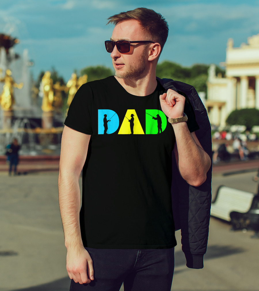 Funny Dad Fishing Silhouette Blue Yellow Green Design Father76 T-Shirt
