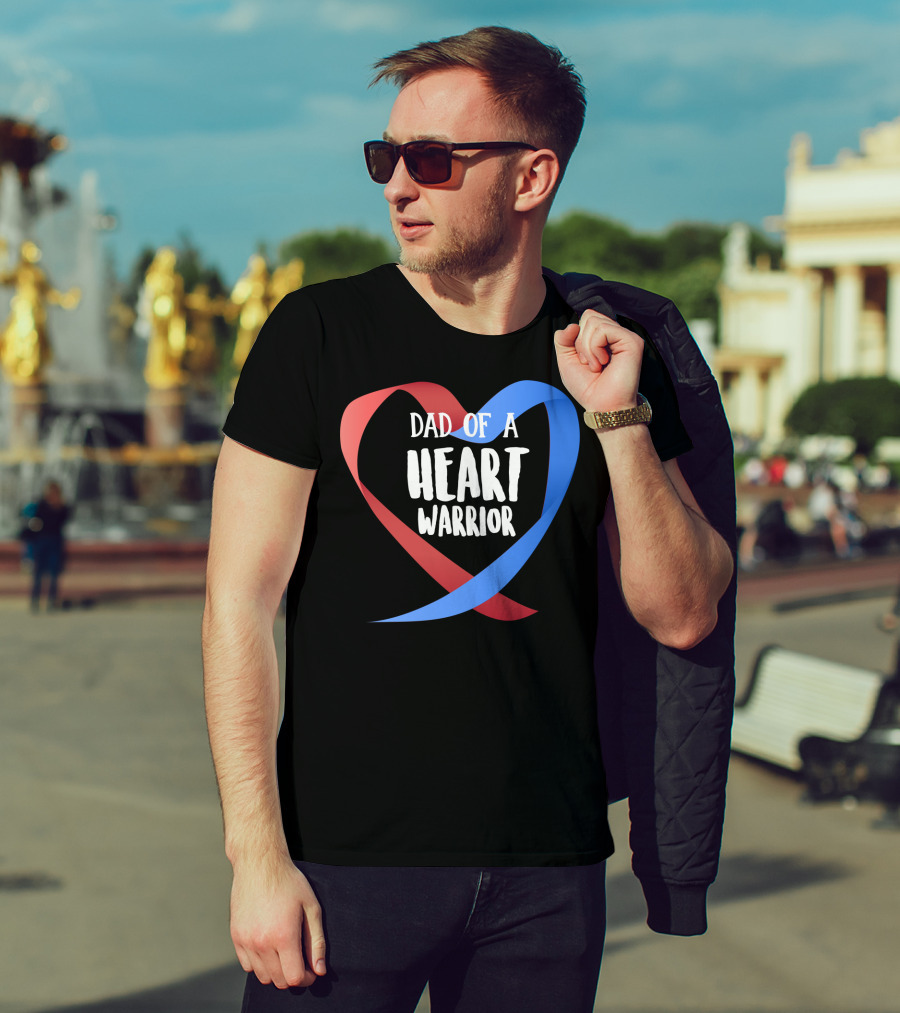 Dad Of A Heart Warrior CHD Awareness Red And Blue Ribbon Heart T-Shirt