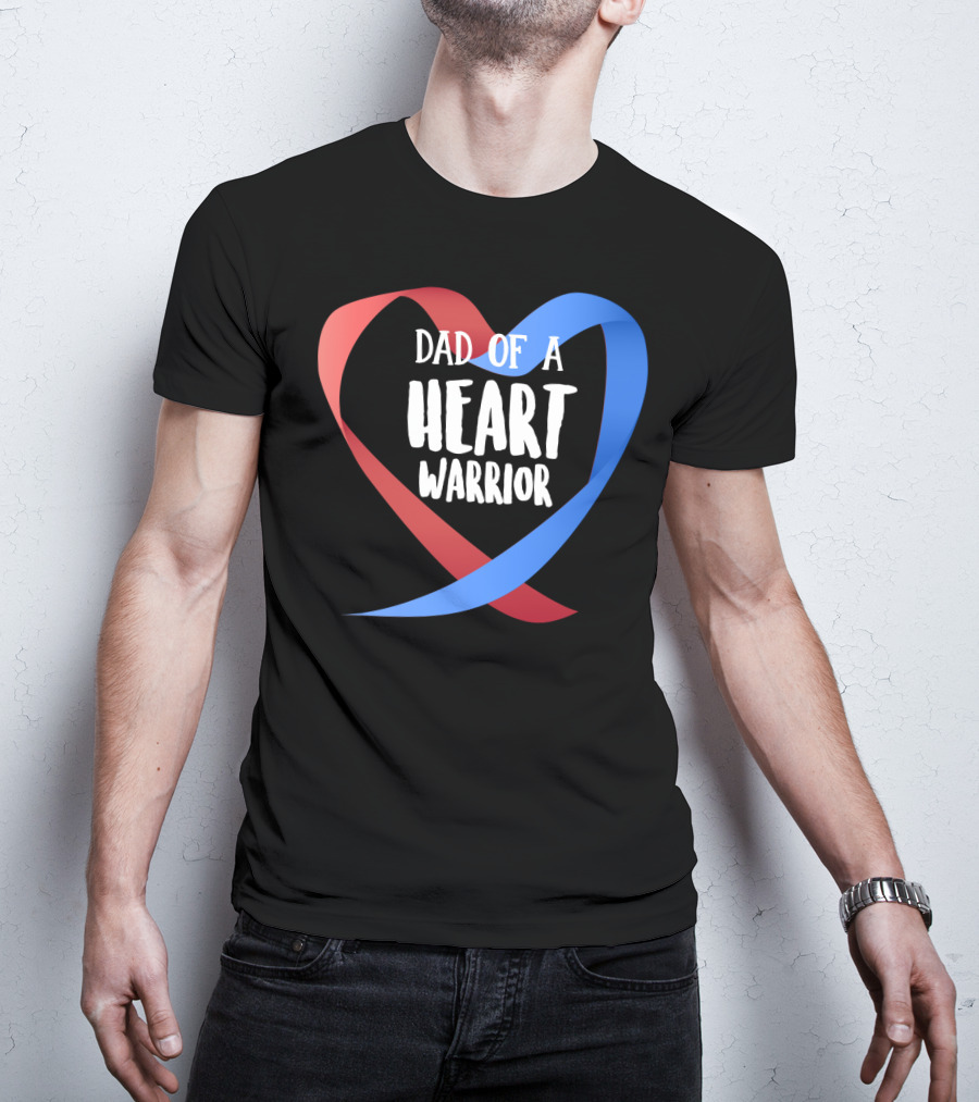 Dad Of A Heart Warrior CHD Awareness Red And Blue Ribbon Heart T-Shirt