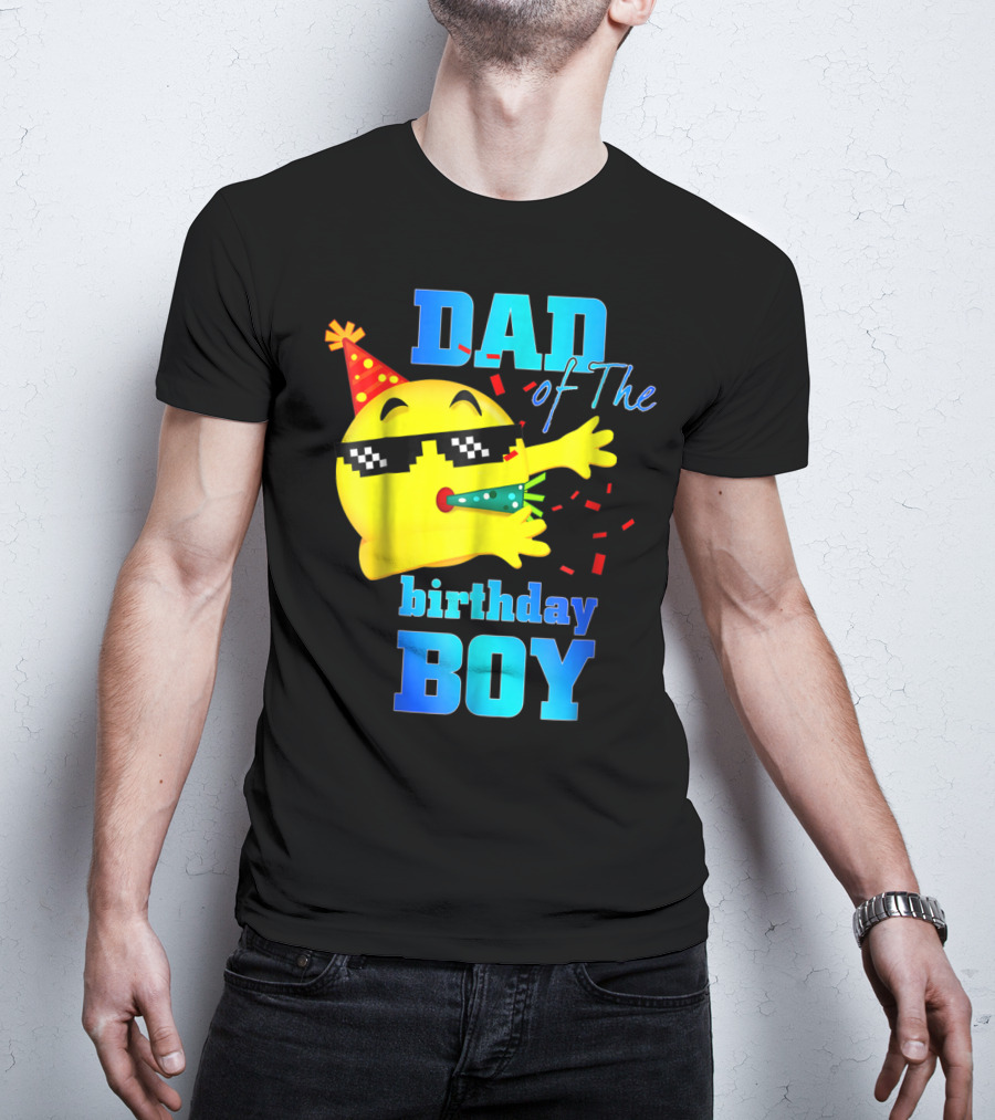 Dad Of The Birthday Boy Dabbing Emoji With Party Hat And Confetti T-Shirt