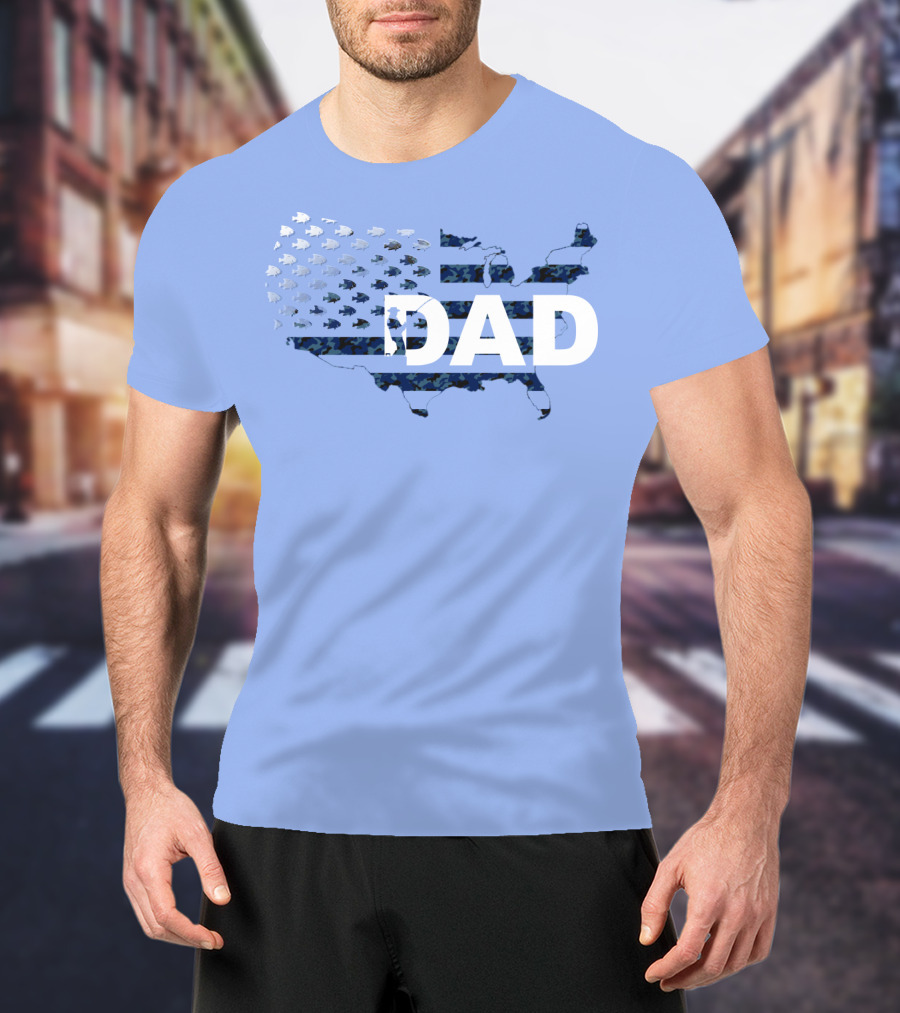 Dad Camouflage Flag Map USA Fish T-Shirt