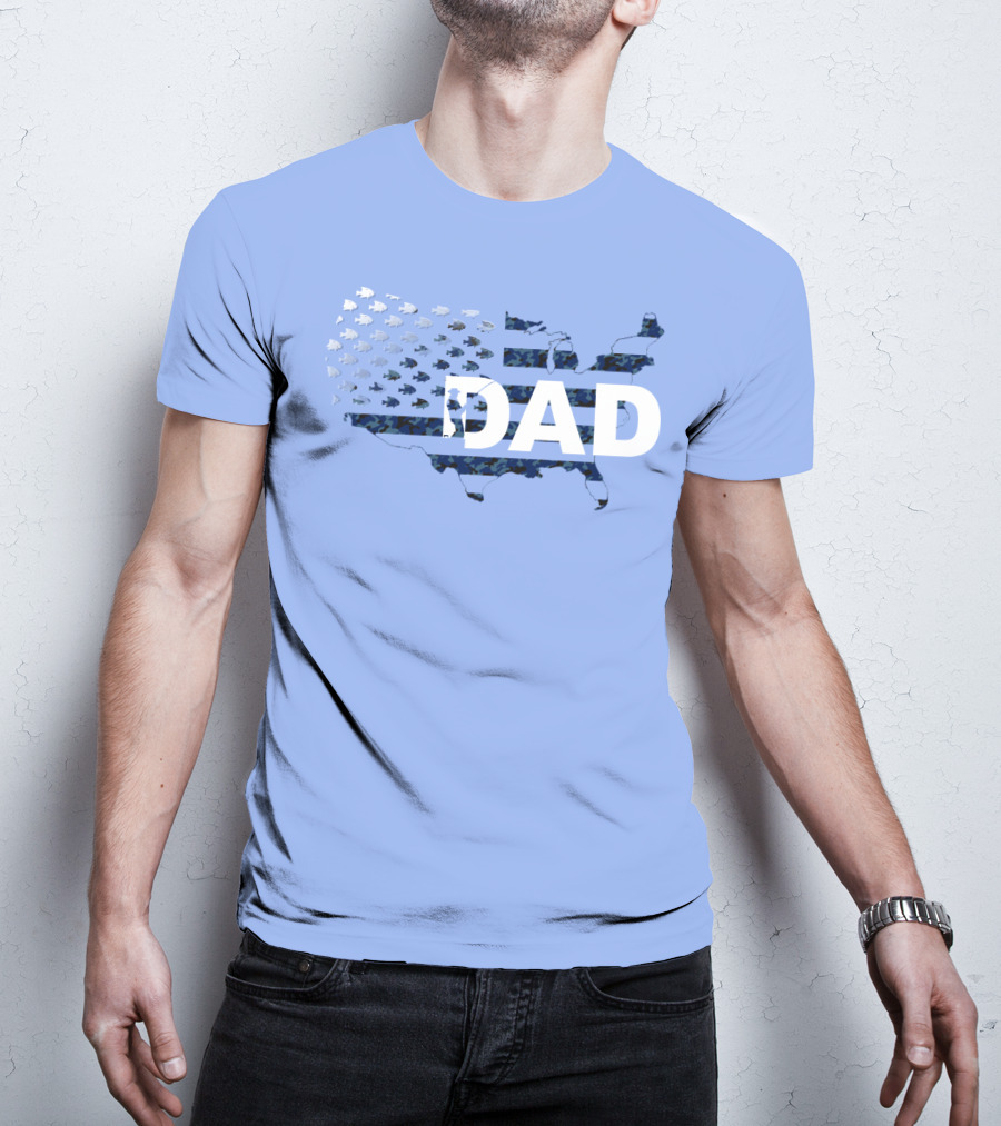 Dad Camouflage Flag Map USA Fish T-Shirt