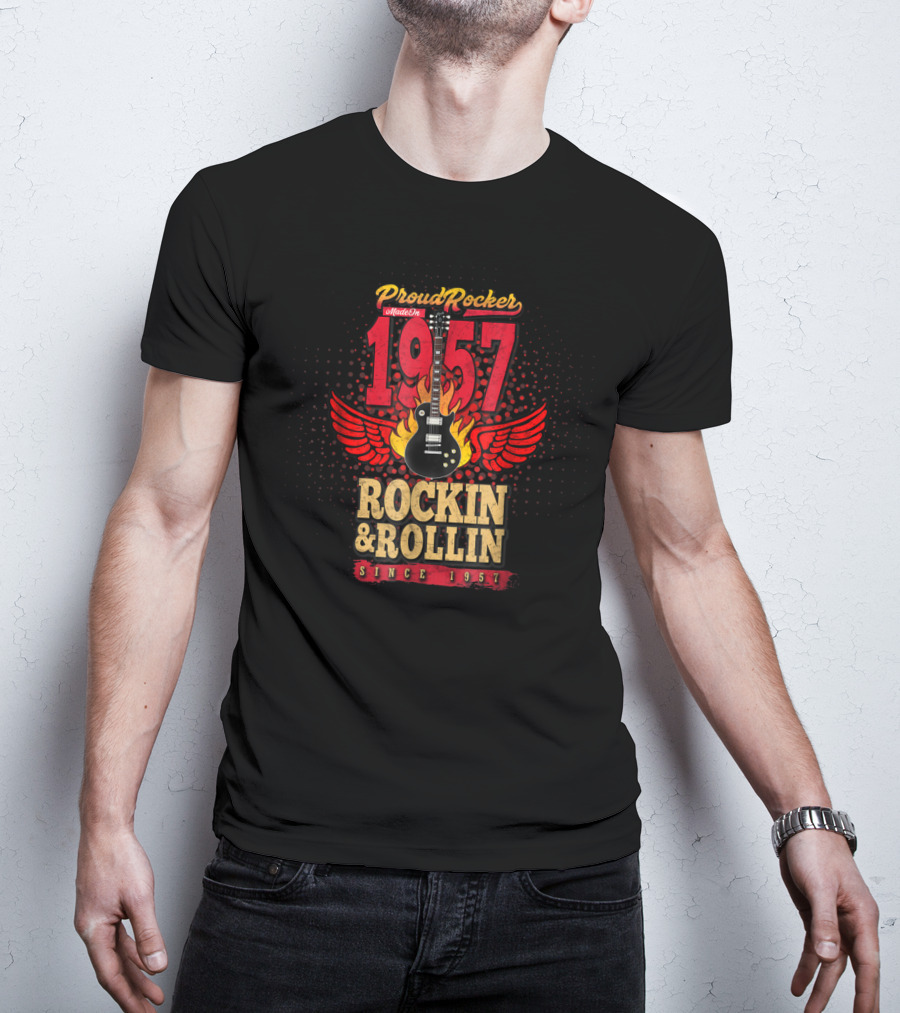 Proud Rocker Since 1957 Flaming Wing Guitar Rockin And Rollin T-Shirt