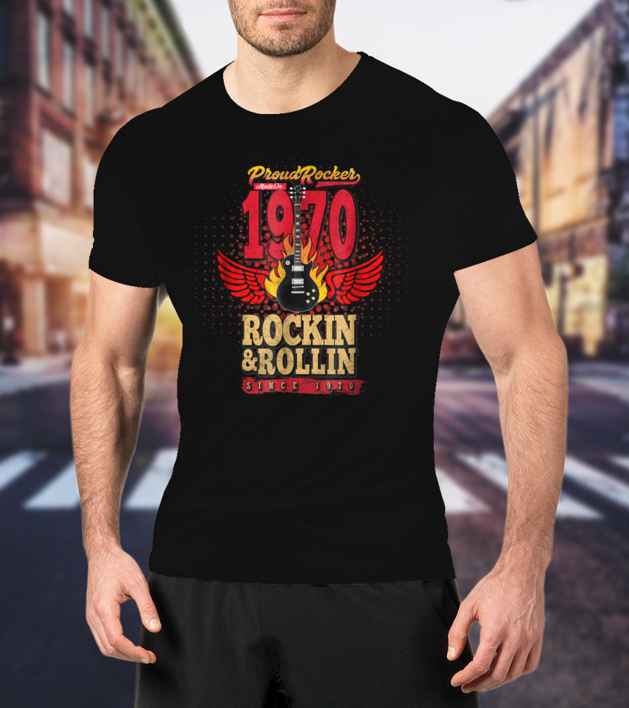 Proud Rocker Made In 1970 Flaming Wing Guitar Rockin And Rollin Since 1970 T-Shirt