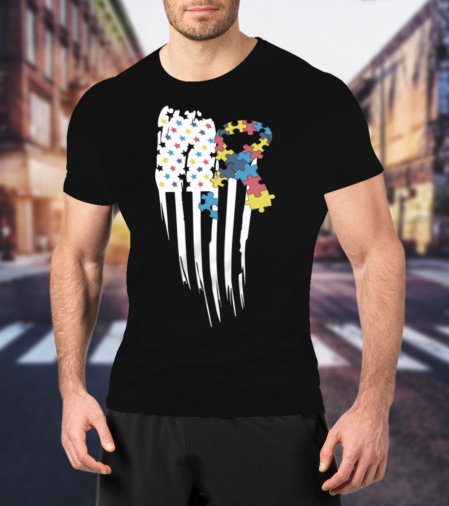 Autism Awareness Month Stars And Stripes Puzzle Ribbon Flag T-Shirt