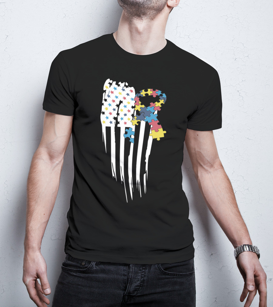 Autism Awareness Month Stars And Stripes Puzzle Ribbon Flag T-Shirt