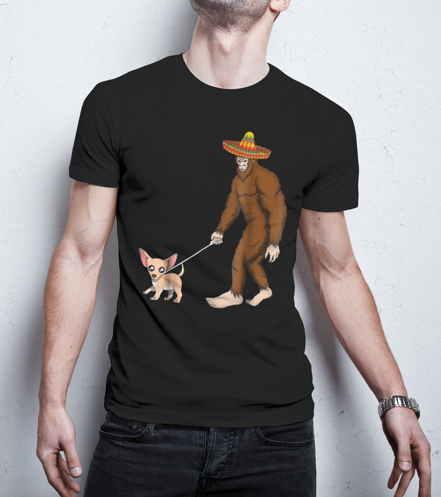 Bigfoot Sombrero Walking Chihuahua Cinco De Mayo T-Shirt