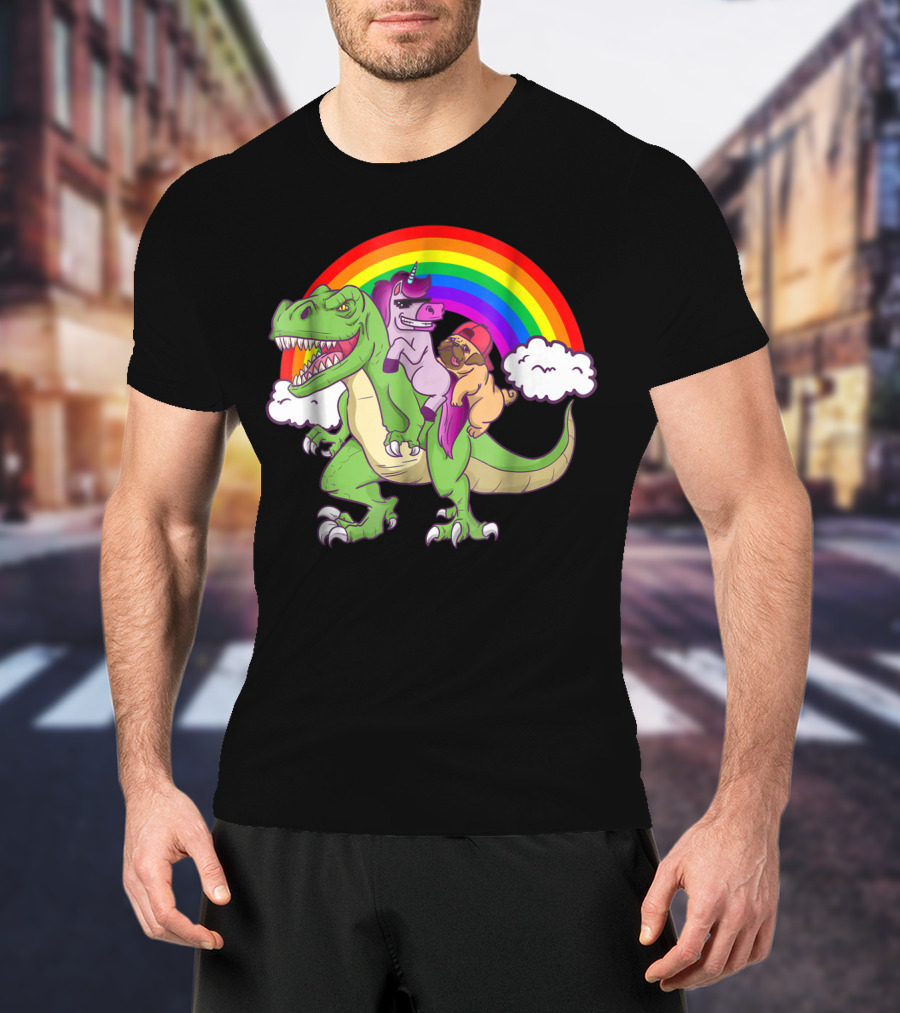 Dinosaur Unicorn Pug Dog Lovers Rainbow Adventure T-Shirt