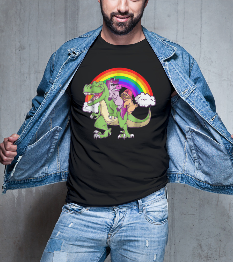 Dinosaur Unicorn Pug Dog Lovers Rainbow Adventure T-Shirt