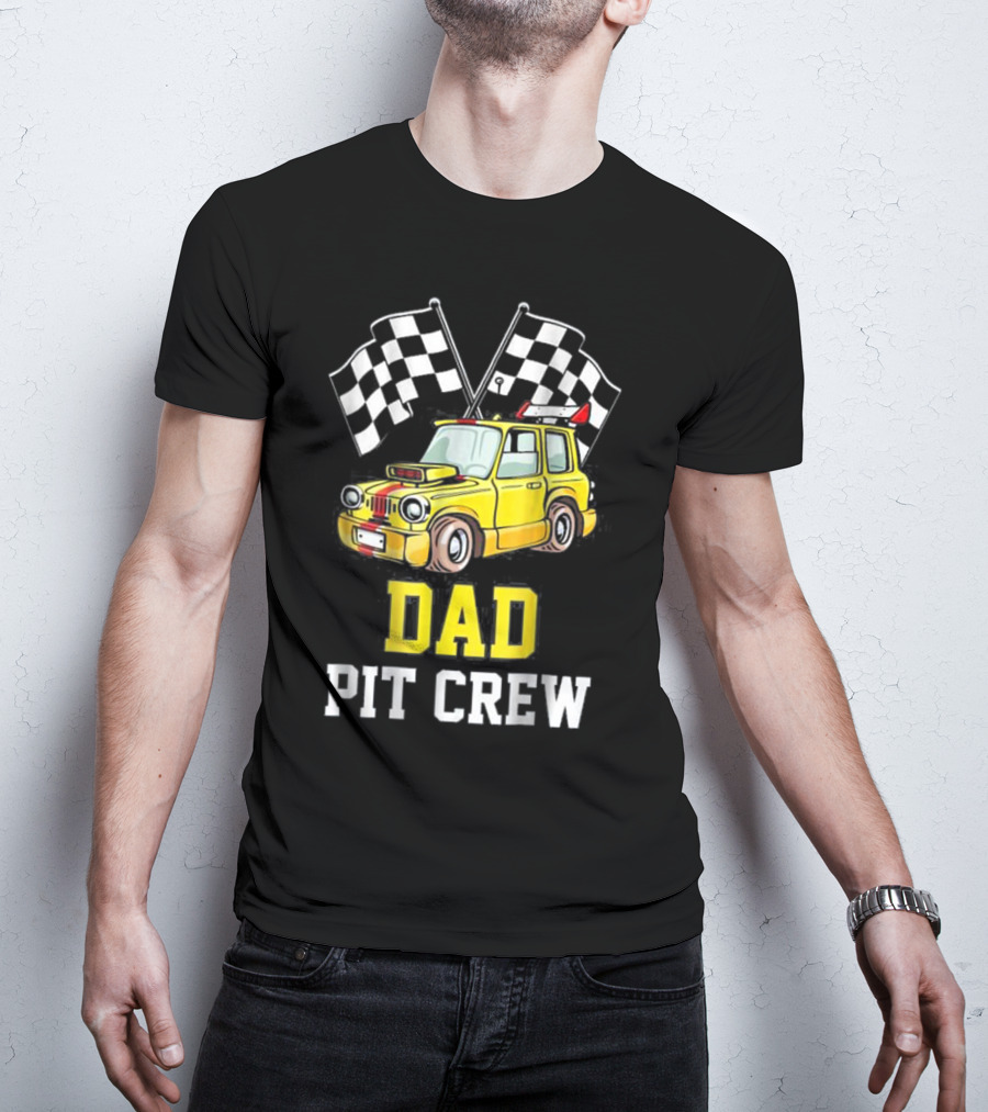 Dad Pit Crew Racing Yellow Car Checkered Flags T-Shirt