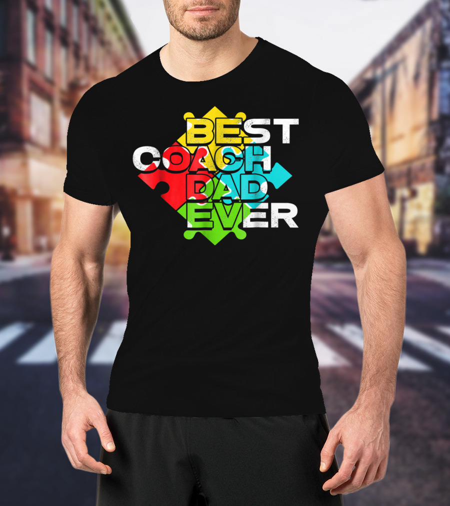Best Coach Dad Ever Autism Puzzle Piece Colors 90s T-Shirt