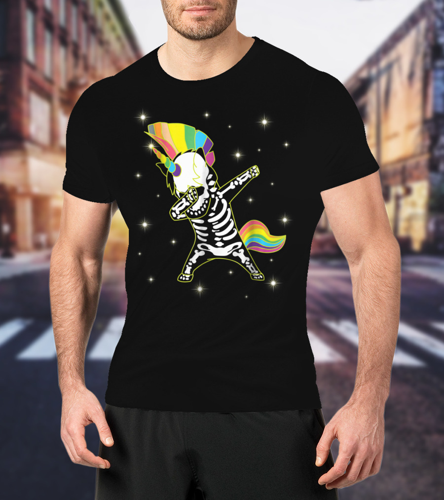 Dabbing Unicorn Skeleton Dad Hip Hop Xray Rainbow Mane Tail Starry Background T-Shirt
