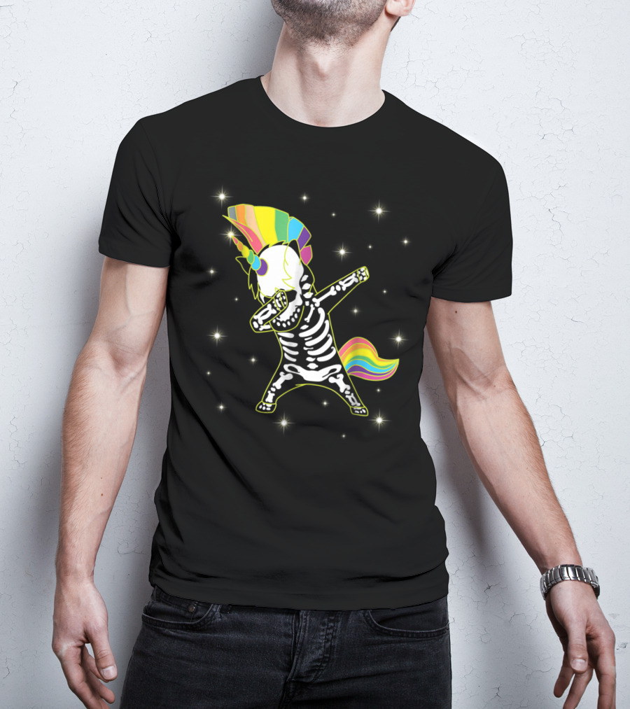 Dabbing Unicorn Skeleton Dad Hip Hop Xray Rainbow Mane Tail Starry Background T-Shirt