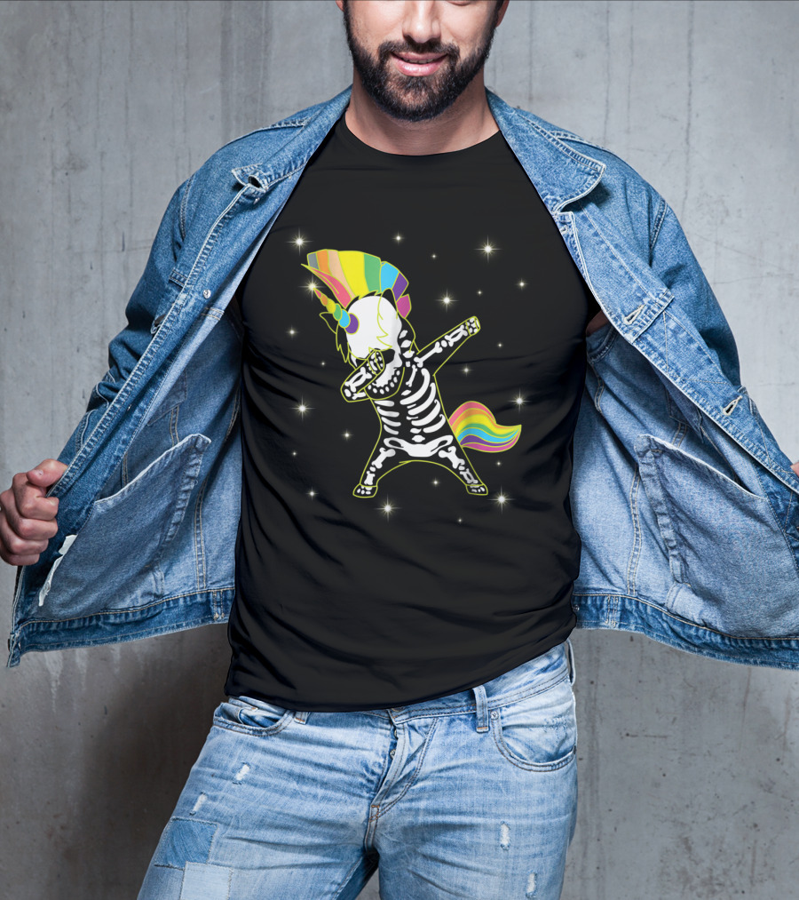 Dabbing Unicorn Skeleton Dad Hip Hop Xray Rainbow Mane Tail Starry Background T-Shirt