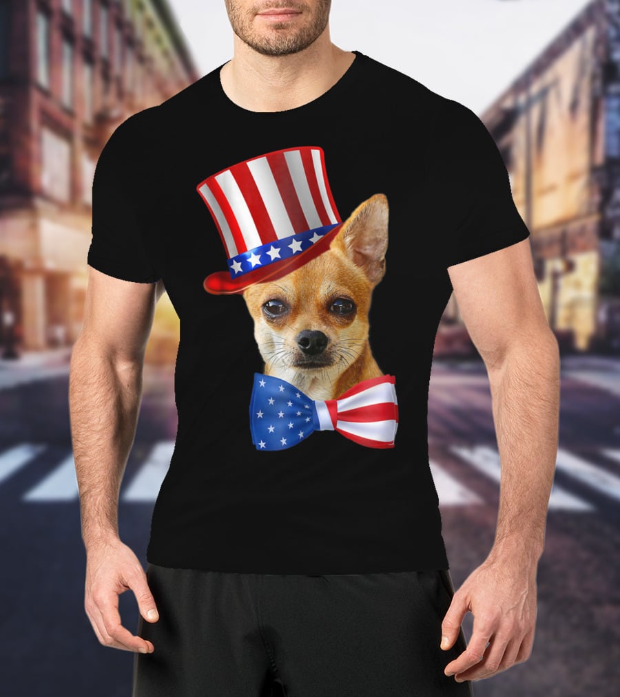 Chihuahua Uncle Sam Hat And Bowtie American Flag T-Shirt