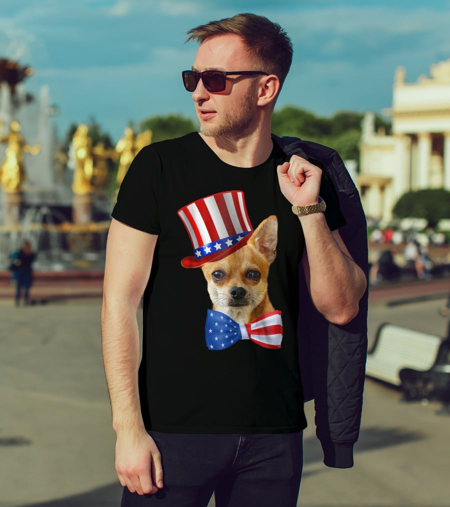 Chihuahua Uncle Sam Hat And Bowtie American Flag T-Shirt