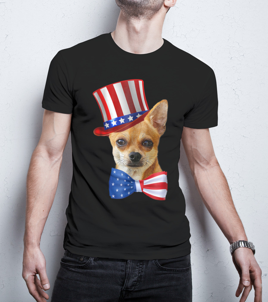 Chihuahua Uncle Sam Hat And Bowtie American Flag T-Shirt