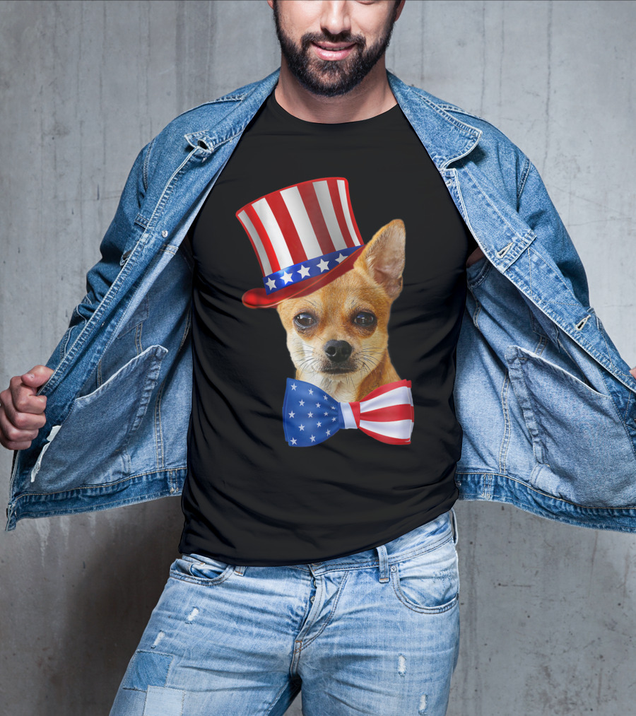 Chihuahua Uncle Sam Hat And Bowtie American Flag T-Shirt