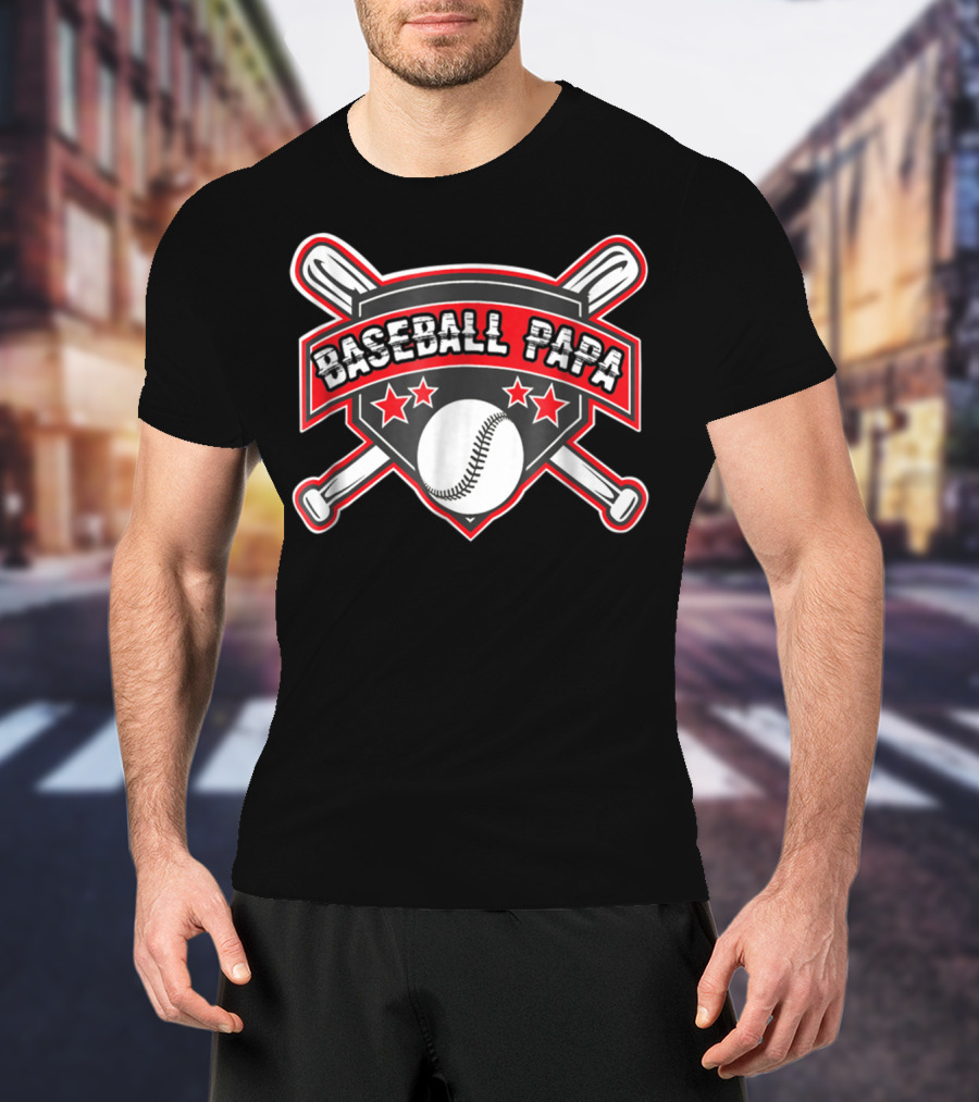 Baseball Papa Shield With Crossed Bats And Stars T-Shirt