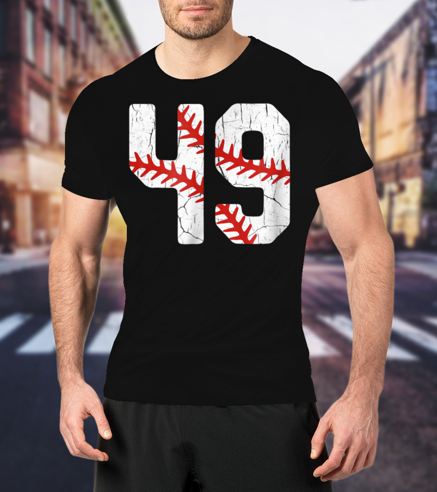 Baseball Player Jersey Number 49 Red Stitching T-Shirt