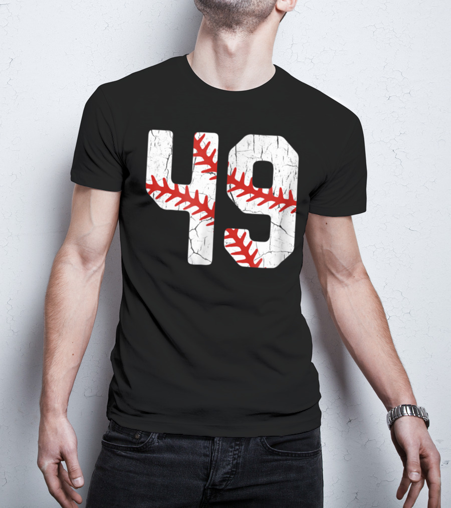 Baseball Player Jersey Number 49 Red Stitching T-Shirt