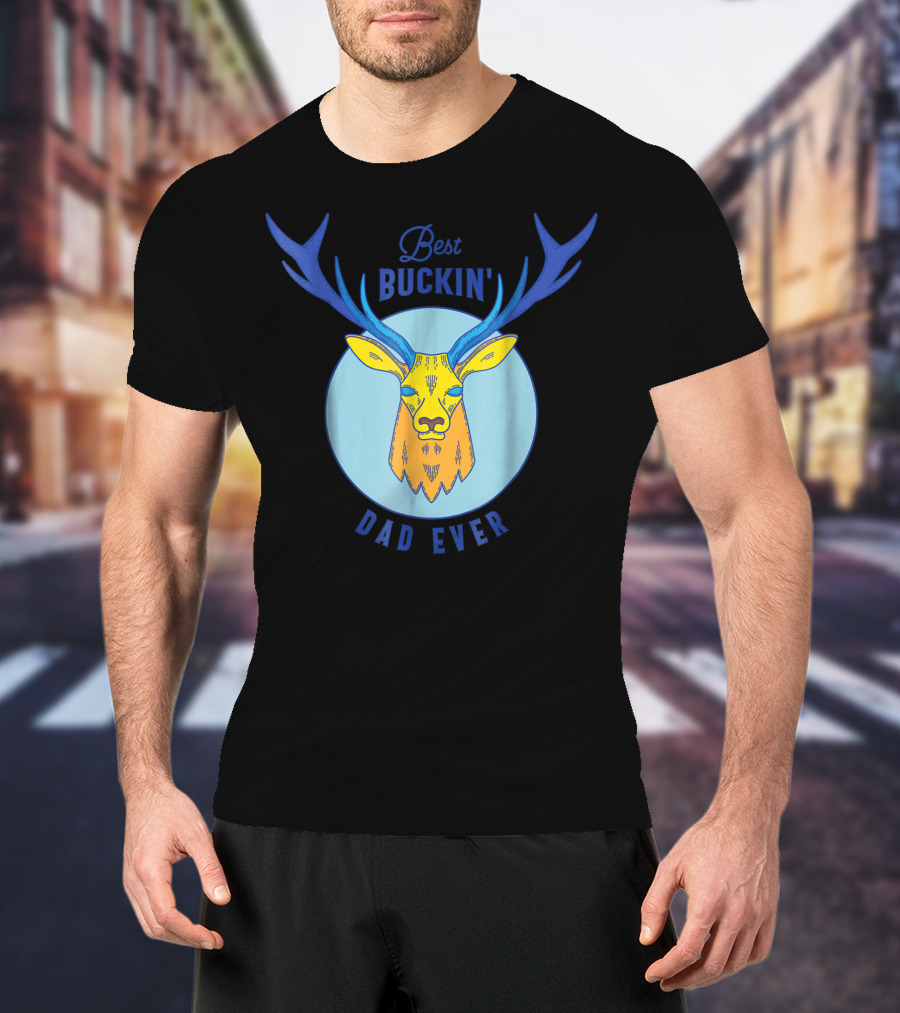 Best Buckin' Dad Ever Deer Hunting Stag Head Blue And Yellow Circle T-Shirt