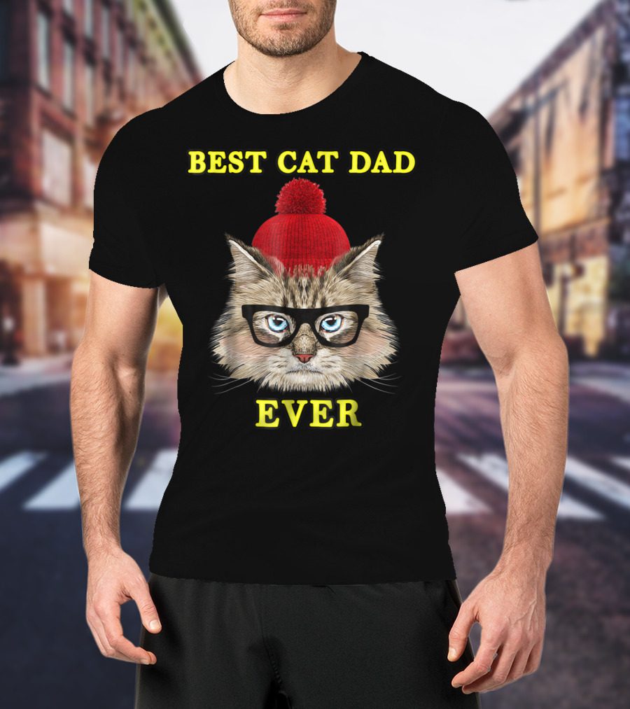 Best Cat Dad Ever Funny Pictoplast91 Red Beanie Glasses Cat T-Shirt