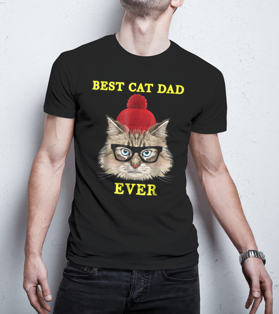 Best Cat Dad Ever Funny Pictoplast91 Red Beanie Glasses Cat T-Shirt