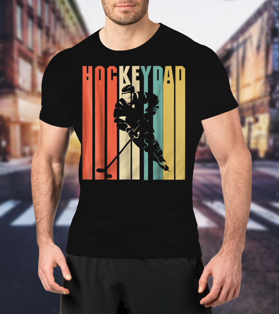 Classic Vintage Hockey Dad Player Silhouette Retro Stripes T-Shirt
