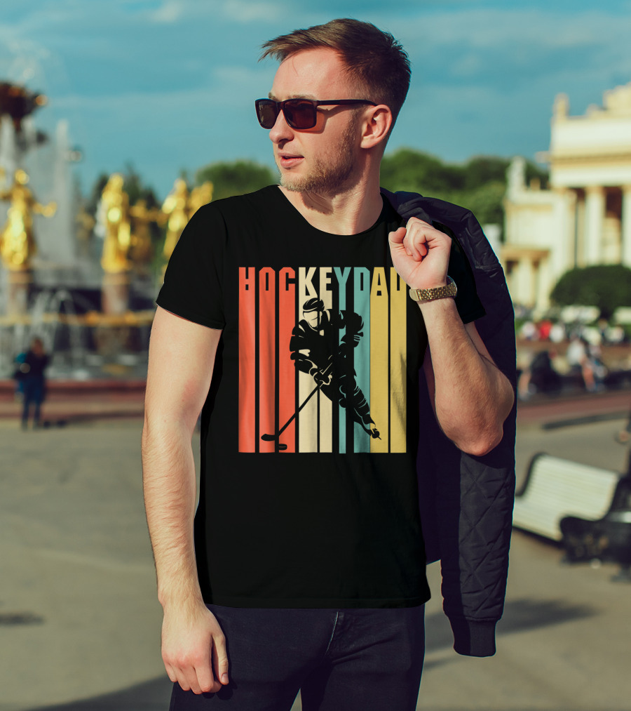 Classic Vintage Hockey Dad Player Silhouette Retro Stripes T-Shirt