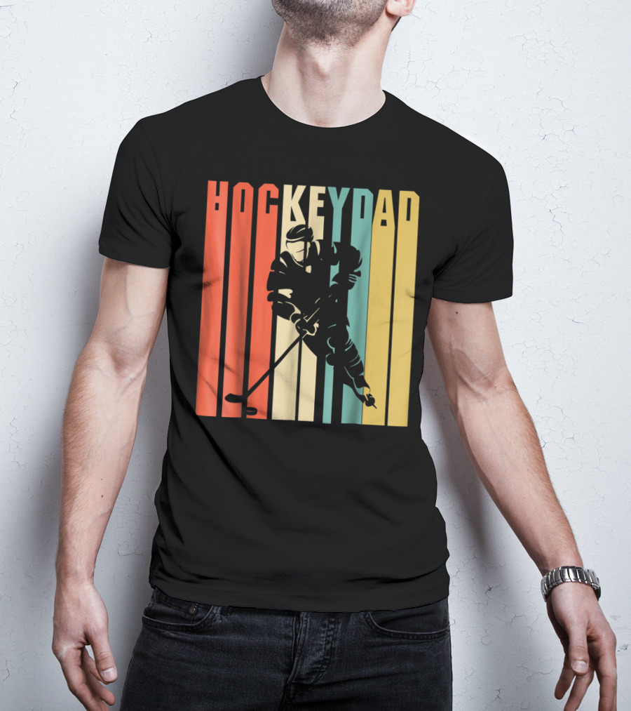 Classic Vintage Hockey Dad Player Silhouette Retro Stripes T-Shirt