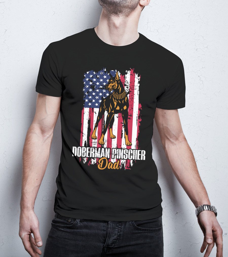 Doberman Pinscher Dad American Flag T-Shirt