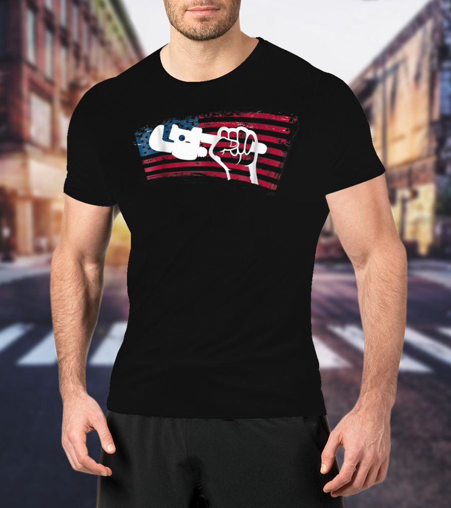 American Flag Plumber Dad Wrench Fist T-Shirt