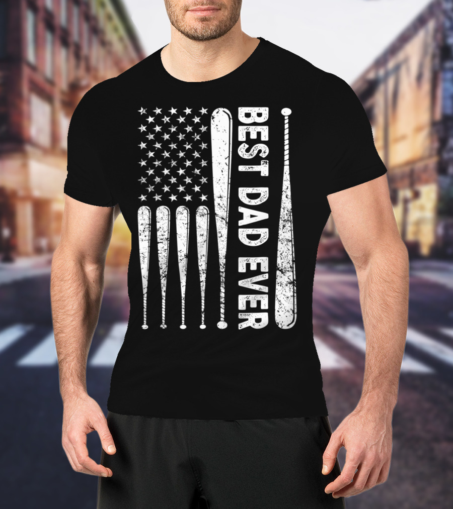 Best Dad Ever American Flag Baseball SoftballUSA T-Shirt