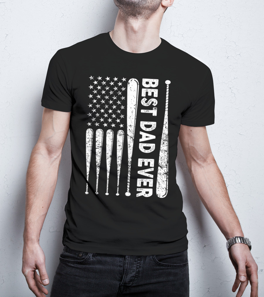 Best Dad Ever American Flag Baseball SoftballUSA T-Shirt