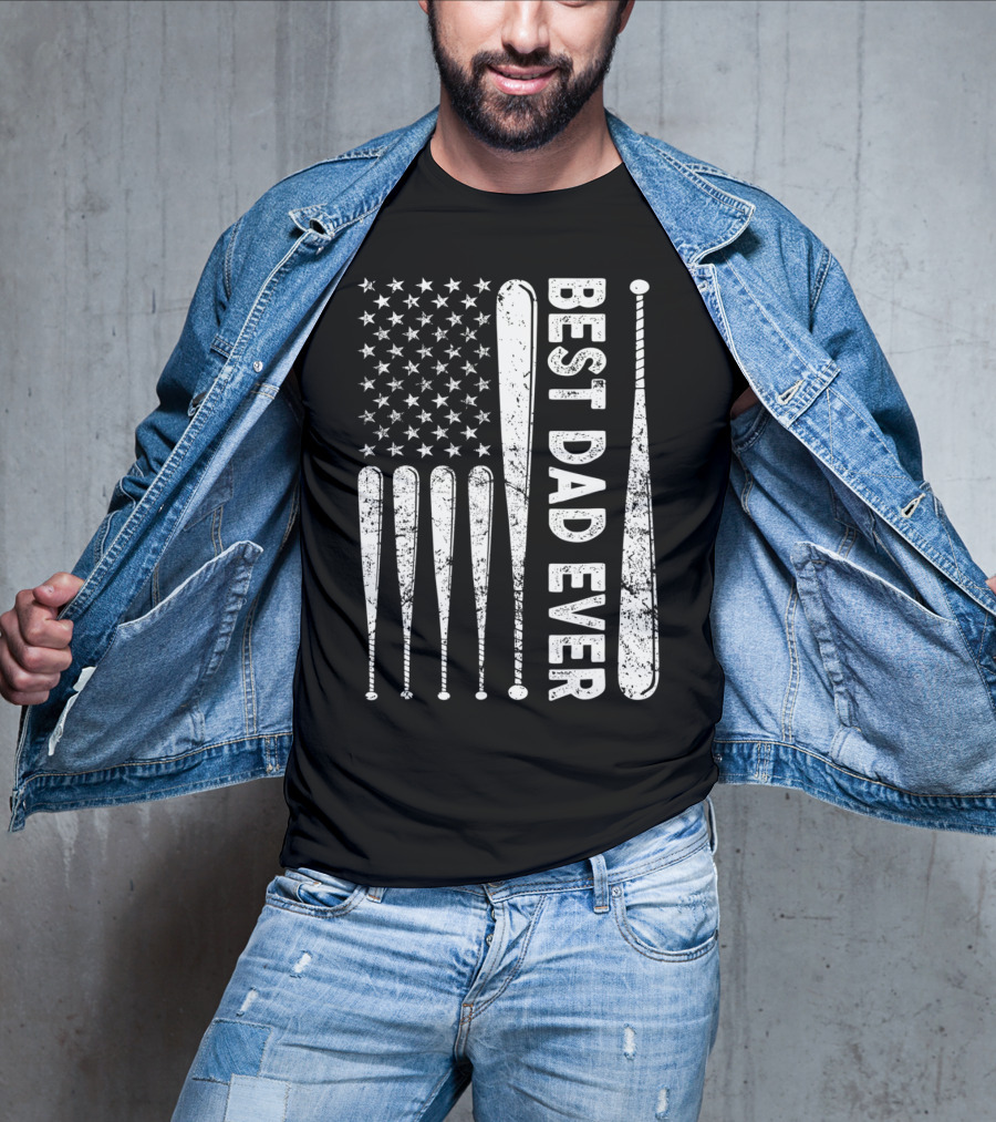 Best Dad Ever American Flag Baseball SoftballUSA T-Shirt