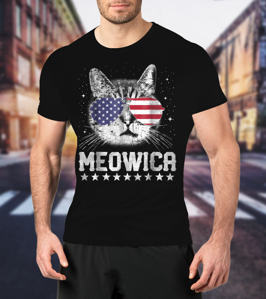 MEOWICA American Flag Cat With USA Sunglasses Stars T-Shirt