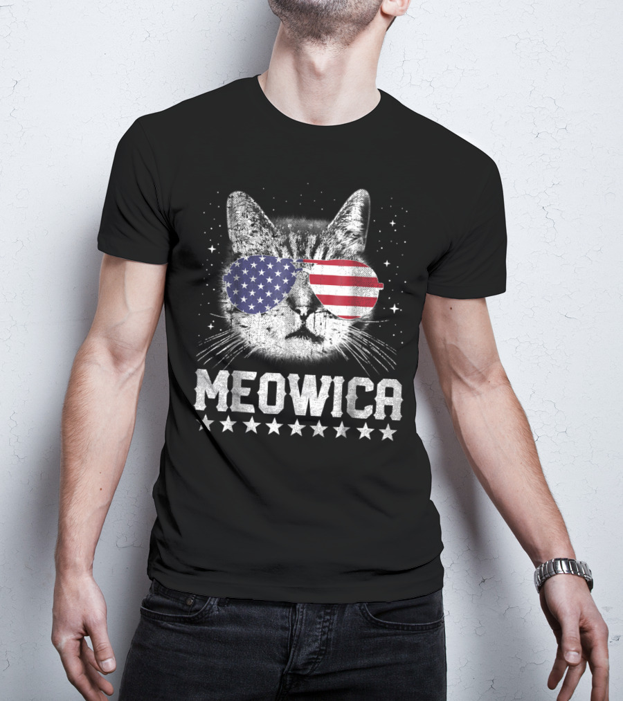 MEOWICA American Flag Cat With USA Sunglasses Stars T-Shirt